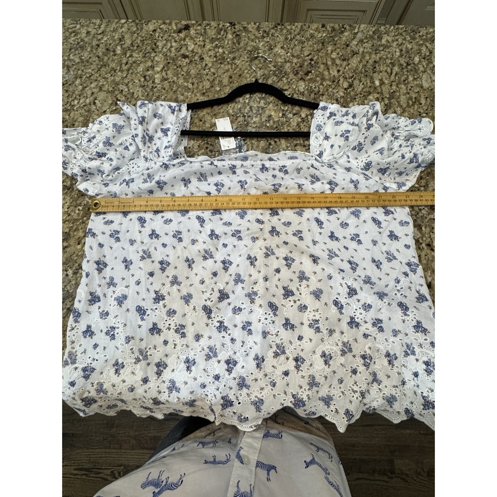 NWT Anthropologie Puff-Sleeve Eyelet Top Cotton Ivory Blue Floral Size Large - Picture 7 of 13